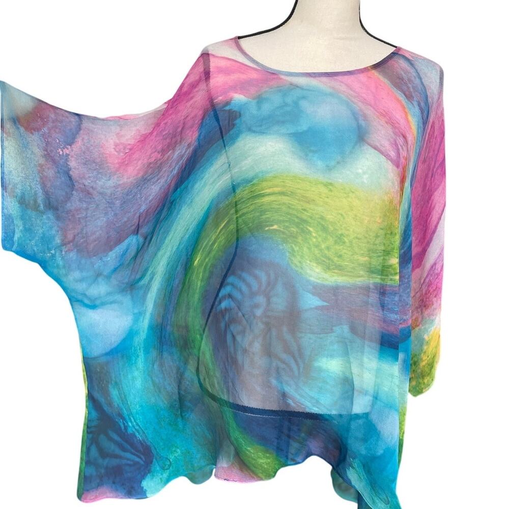 Soft Surroundings Sheer Silk Colorful Print Women's Top Size XL Boho Oversize